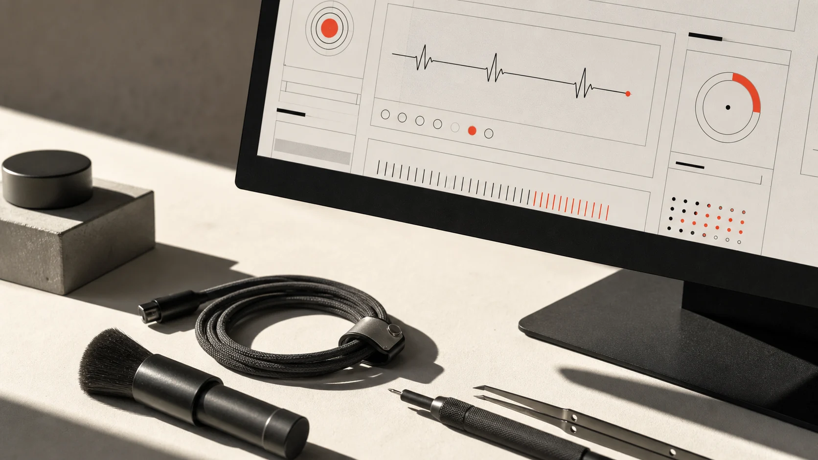 Website performance diagnostics displayed on a studio monitor beside maintenance tools