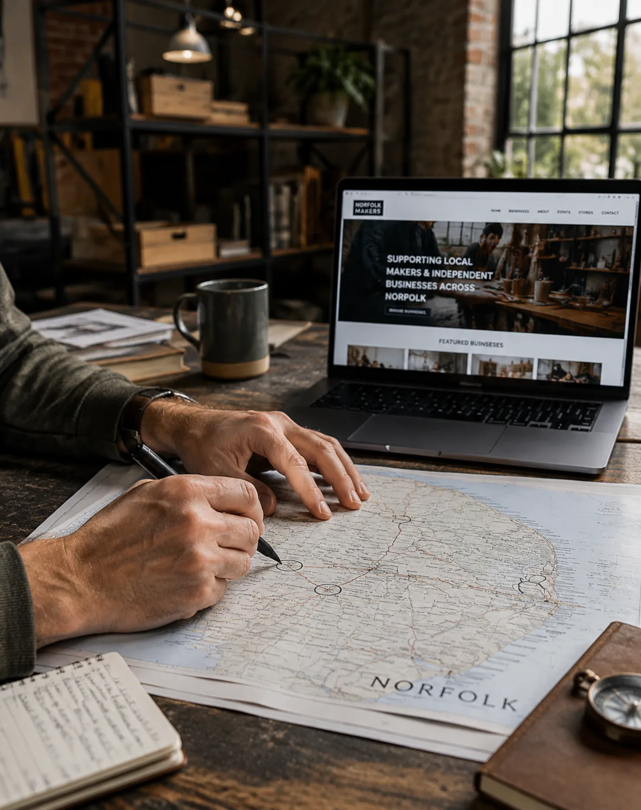 Hands marking locations on a printed map of Norfolk beside a laptop showing a local business website